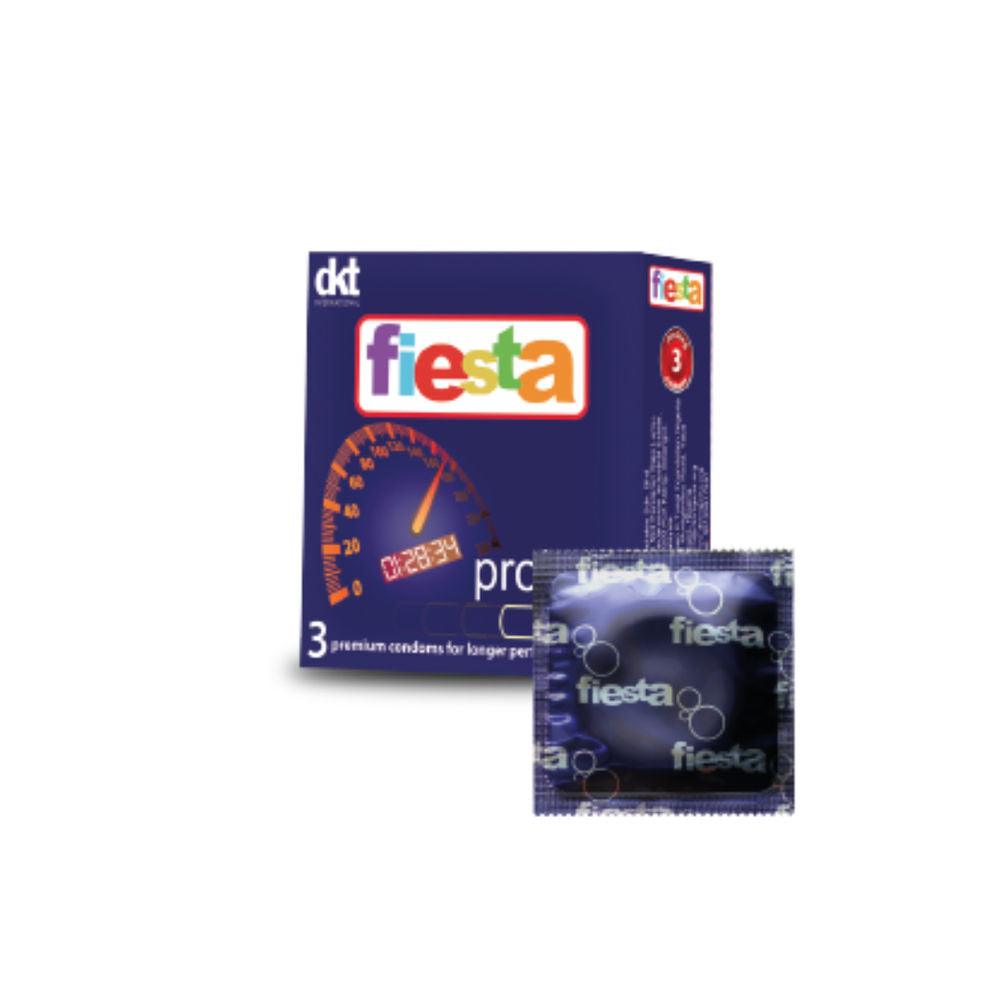 Fiesta Prolong Condom product image, featuring special delay effect for longer-lasting intimacy and prevention of premature ejaculation.